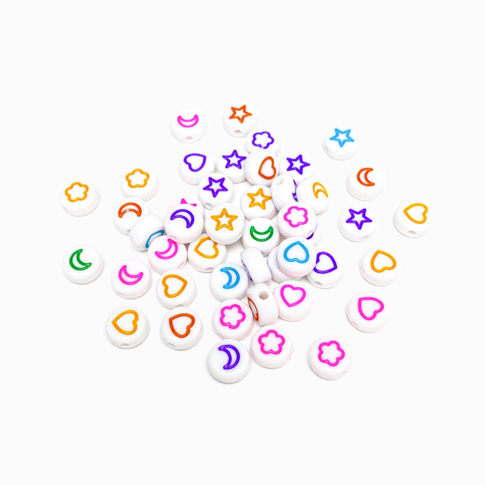 Pack 100un Contas Acrílicas Estrela/Lua/Coração/Flor 7x4mm