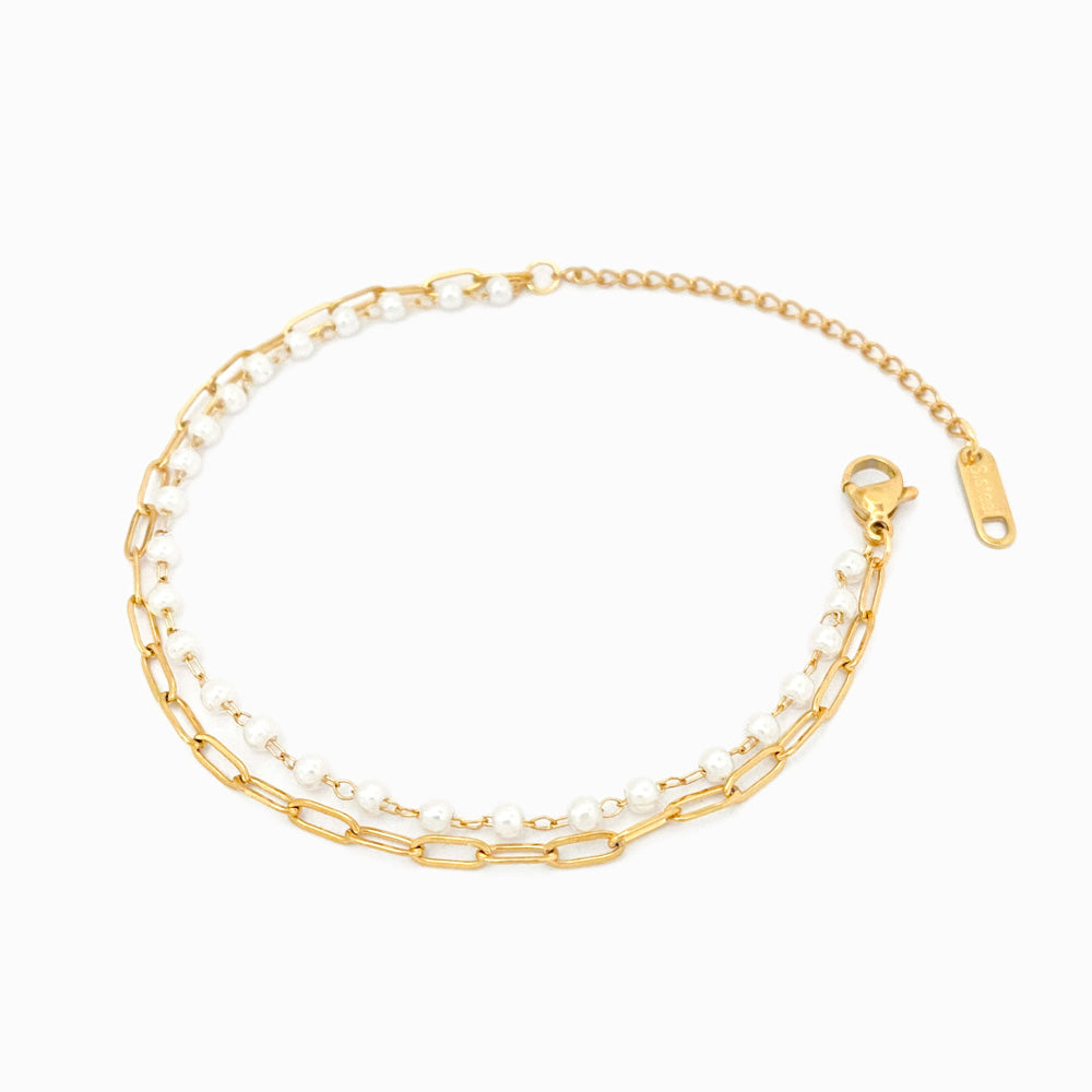 Pulseira Dupla com Pérolas SL3070 - Aço Inox Dourado