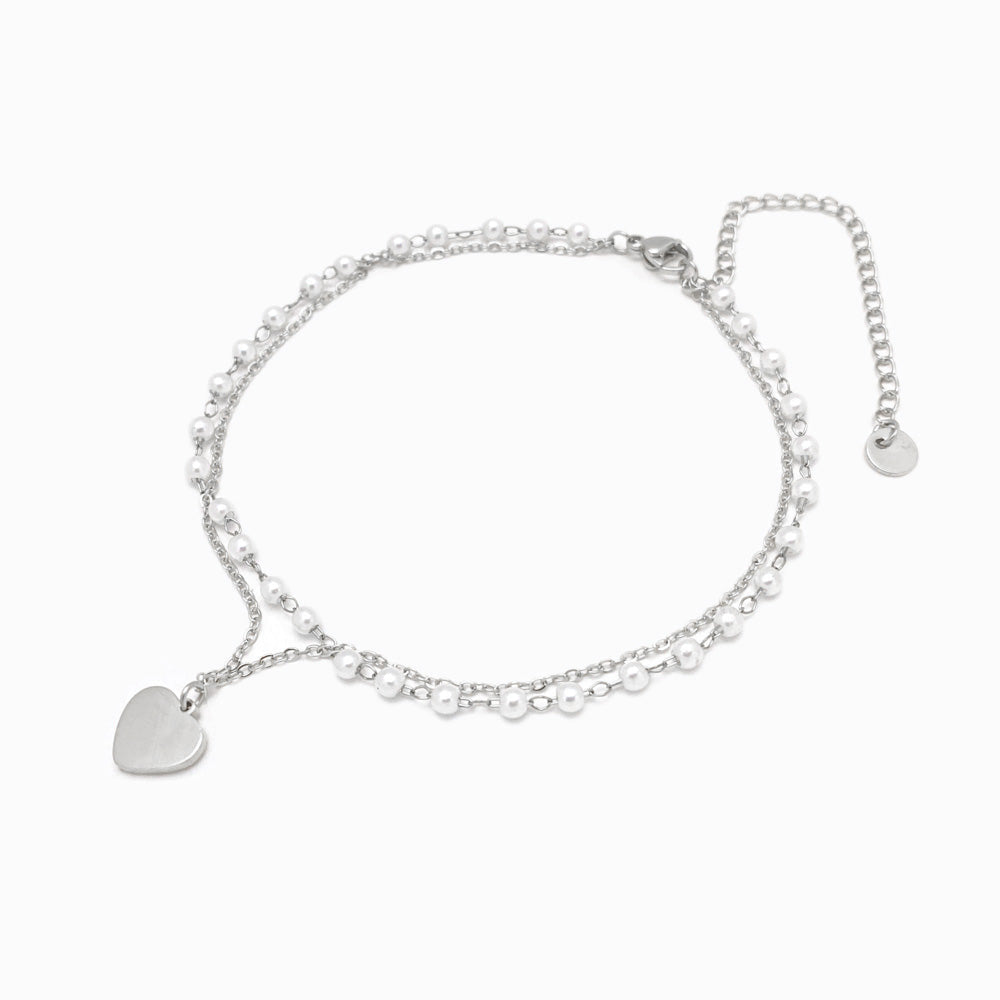 Pulseira Dupla de Pé Coração SL3014 - Aço Inox Prateado com Pérola