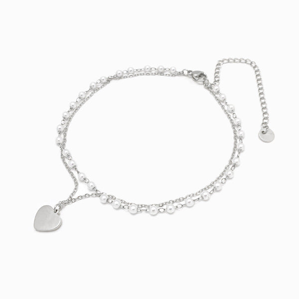 Pulseira Dupla de Pé Coração SL3014 - Aço Inox Prateado com Pérola