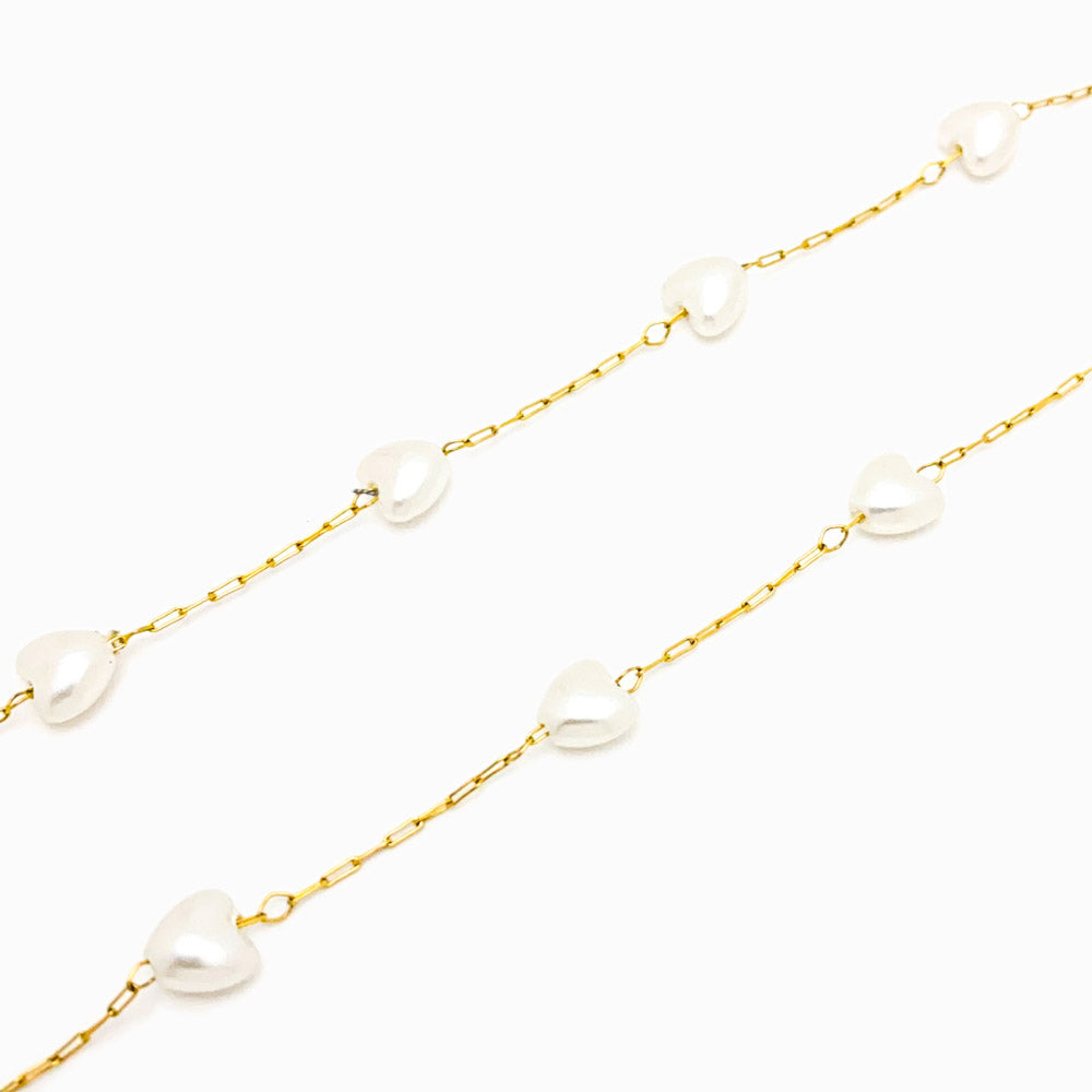 Corrente com Coração de Pérola Sintética AC1042 - Aço Inox