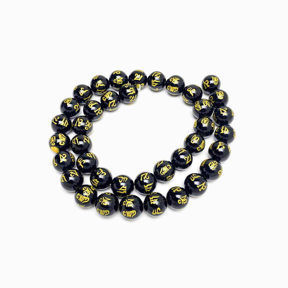 Fiada Contas Pedra Ágata Negra com Gravação Dourada 10mm