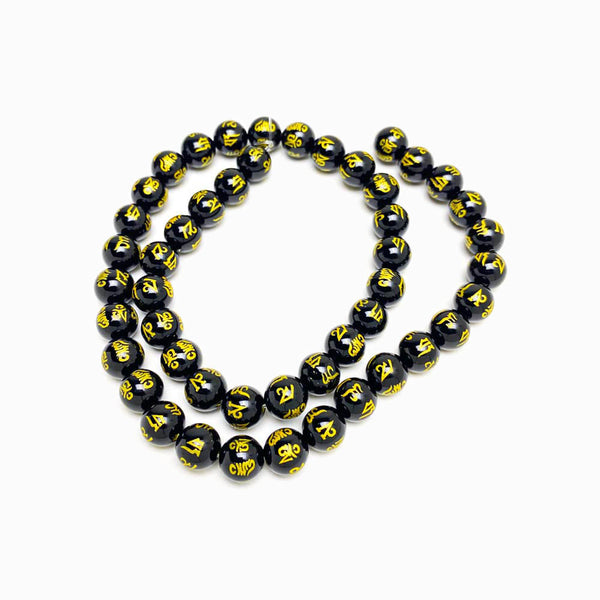 Fiada Contas Pedra Ágata Negra com Gravação Dourada 8mm