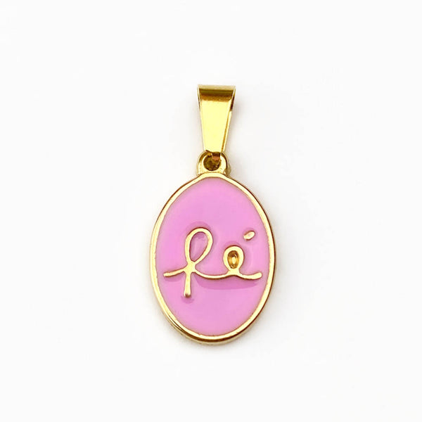 Pendente Fé 20x13mm - Aço Dourado com Verniz Rosa