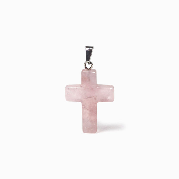 pendente cruz em pedra quartzo rosa