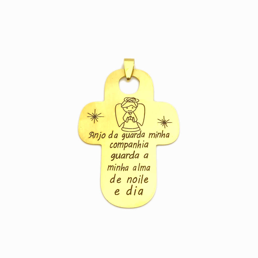 Pendente Cruz com Anjo da Guarda 57x40mm - Aço Inox
