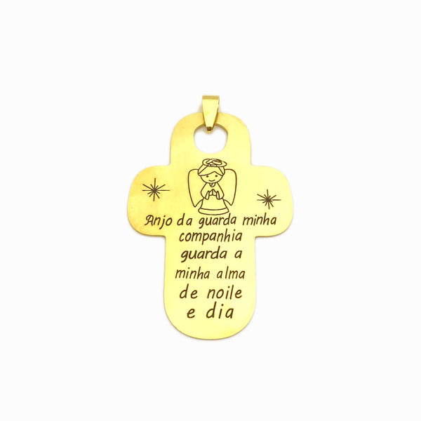 Pendente Cruz com Anjo da Guarda 57x40mm - Aço Inox