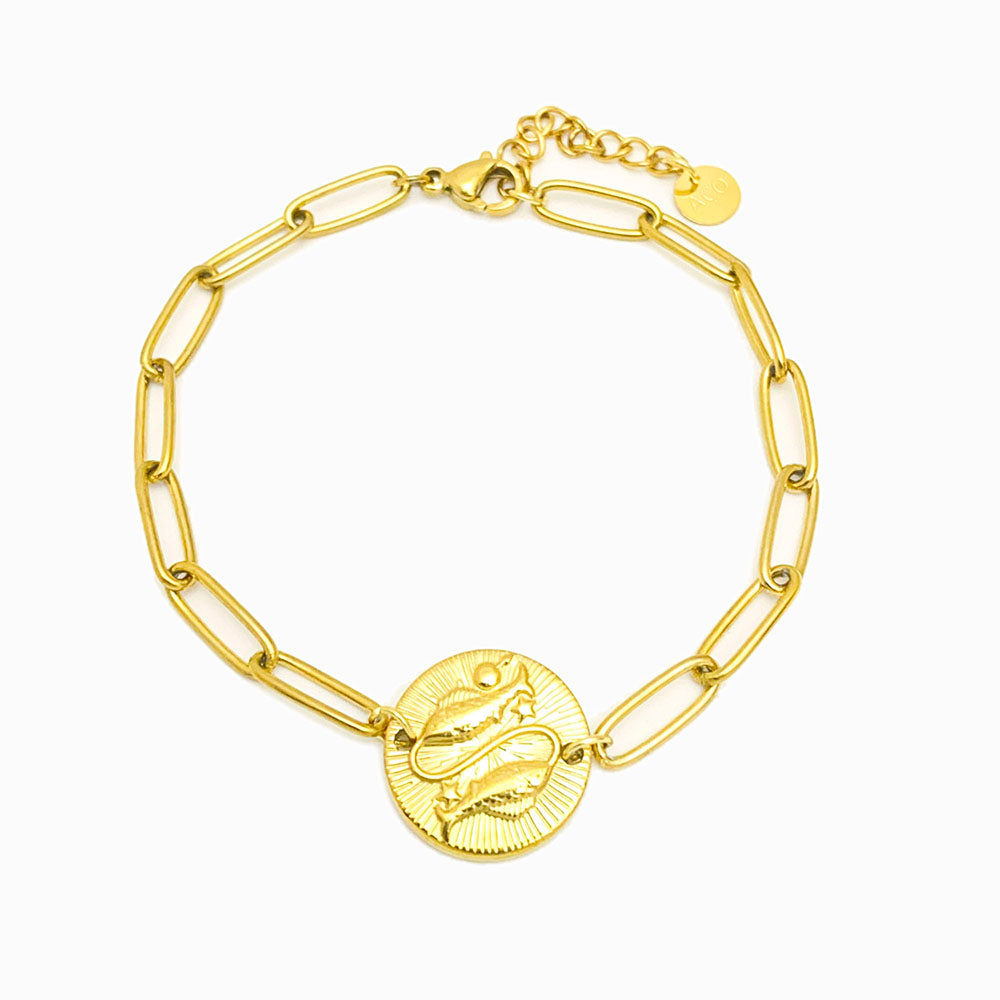 Pulseira aço inox dourado com signo peixes