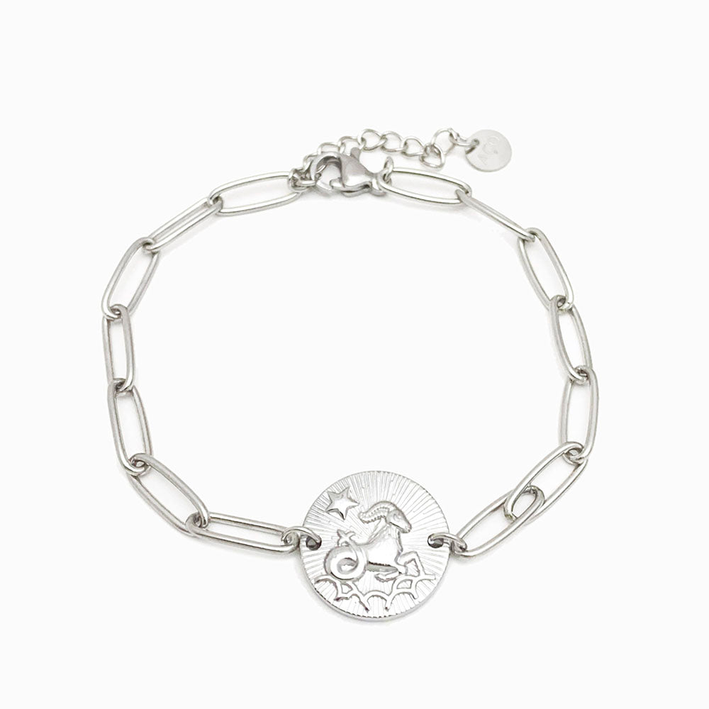 Pulseira aço inox prateado com signo capricórnio