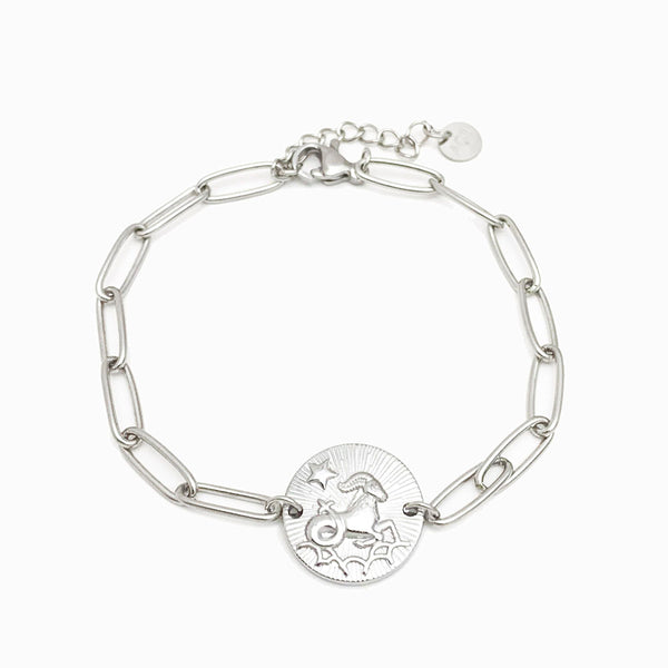 Pulseira aço inox prateado com signo capricórnio