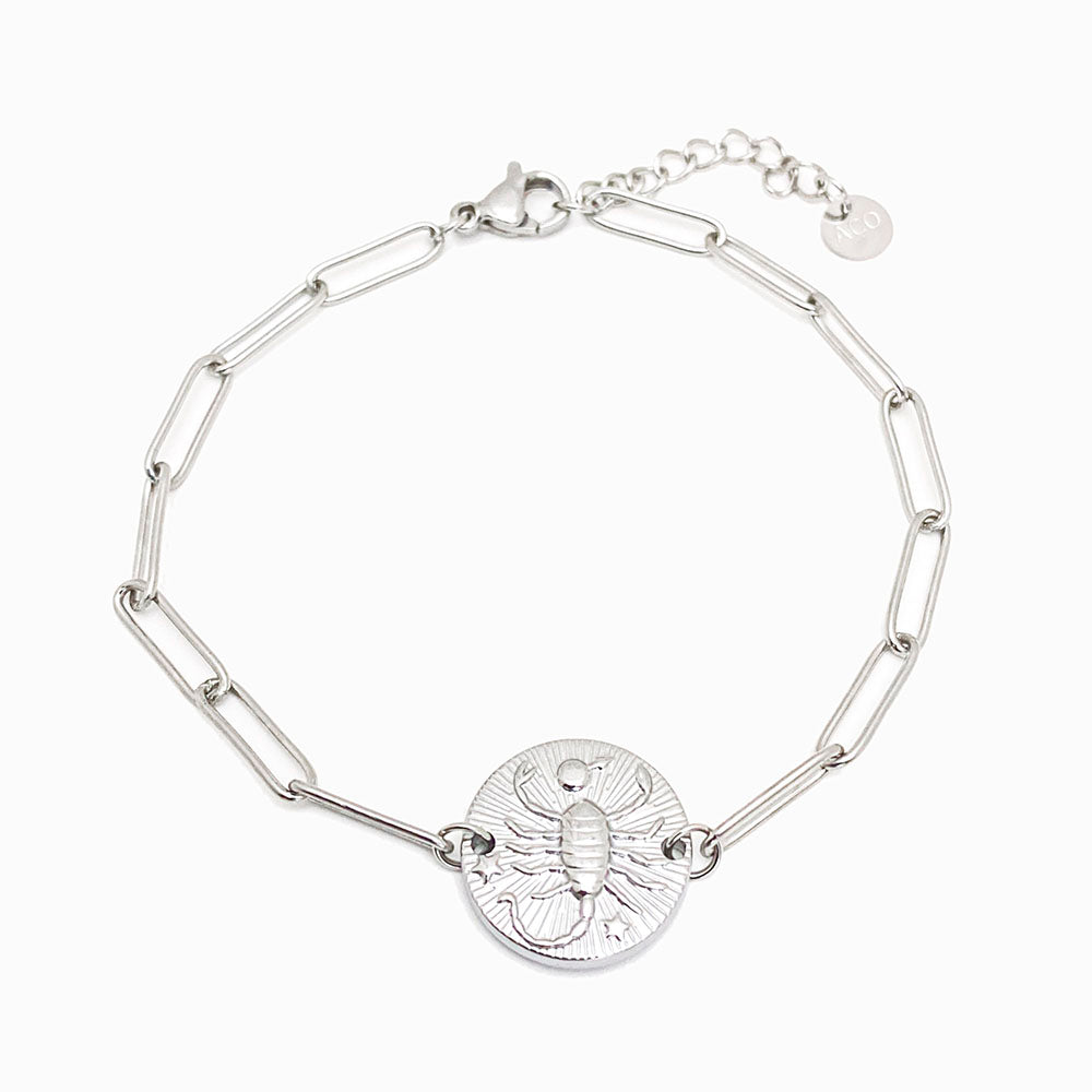Pulseira aço inox prateado com signo escorpião