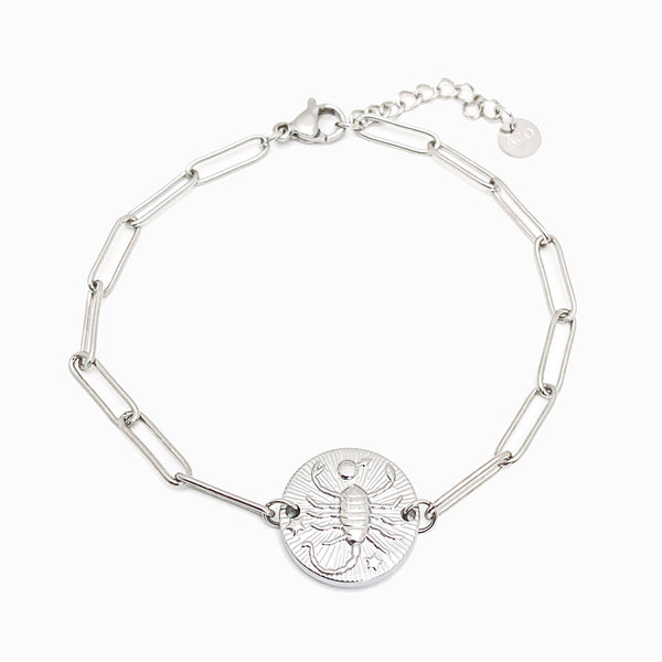 Pulseira aço inox prateado com signo escorpião