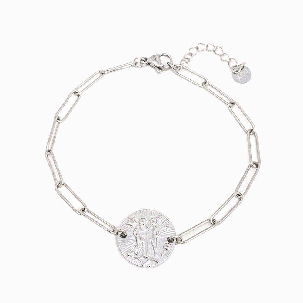 Pulseira aço inox prateado com signo gémeos