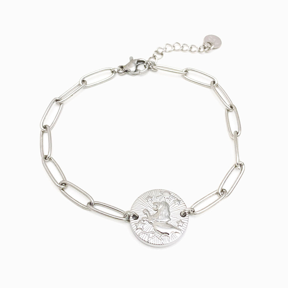 Pulseira aço inox prateado com signo leão