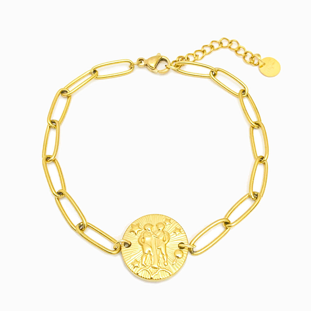 Pulseira aço inox dourado com signo gémeos