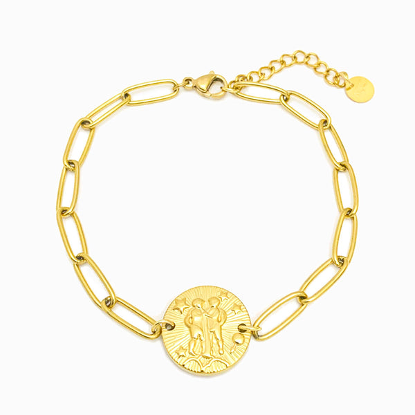 Pulseira aço inox dourado com signo gémeos