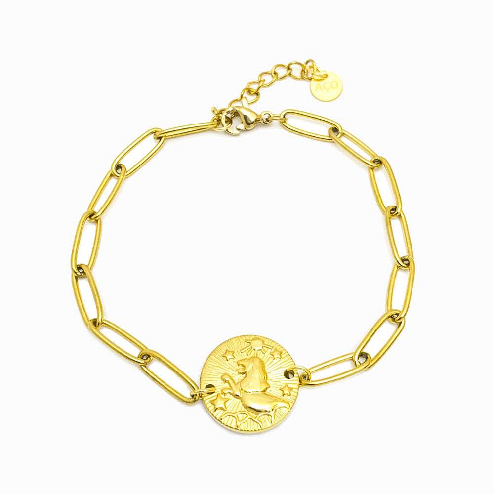 Pulseira aço inox dourado com signo leão