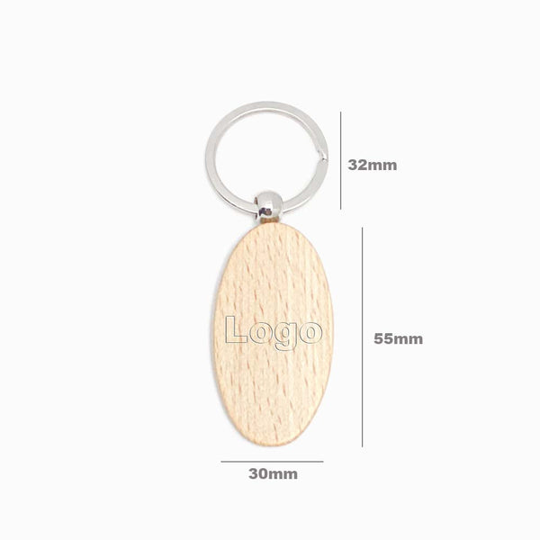 Porta-chaves de Madeira de Faia Oval 55x30mm com logo e Medidas