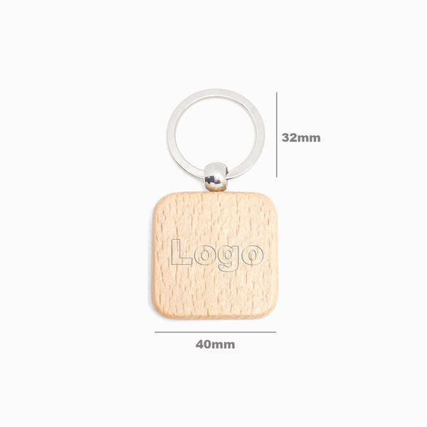 Porta-chaves de Madeira de Faia Quadrada 40mm com logo e Medidas
