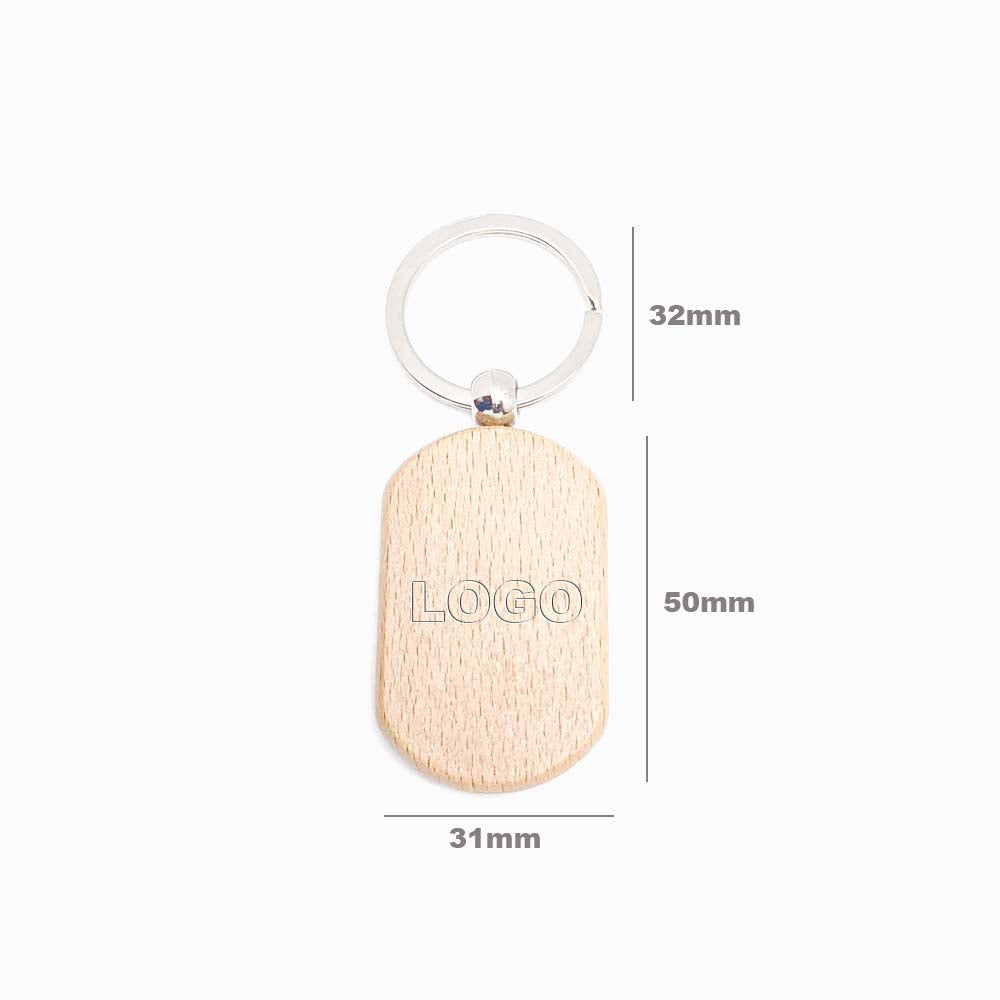 Porta-chaves de Madeira de Faia Retangular 50x31mm com logo e Medidas