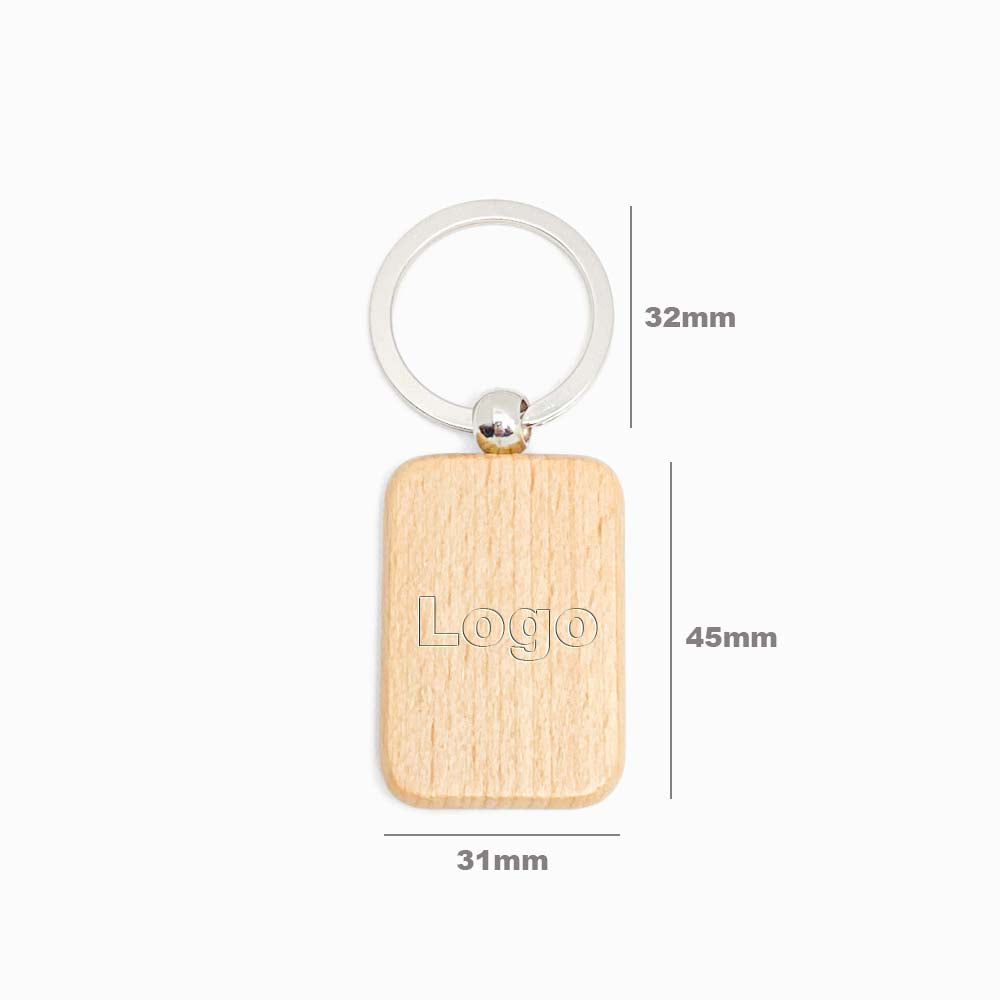 Porta-chaves de Madeira de Faia Retangular 45x31mm com logo e Medidas