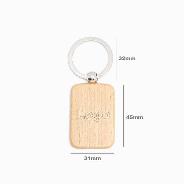 Porta-chaves de Madeira de Faia Retangular 45x31mm com logo e Medidas