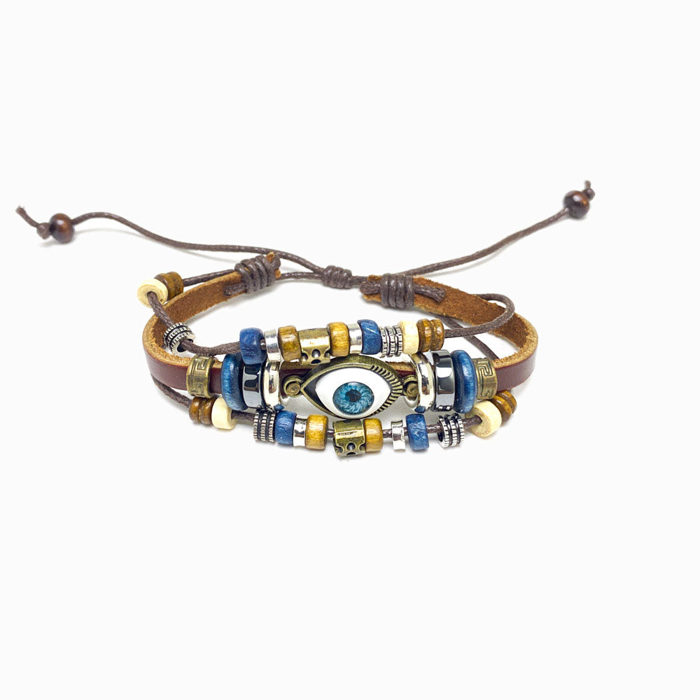 Pulseira de Pele Castanha com Olho Turco