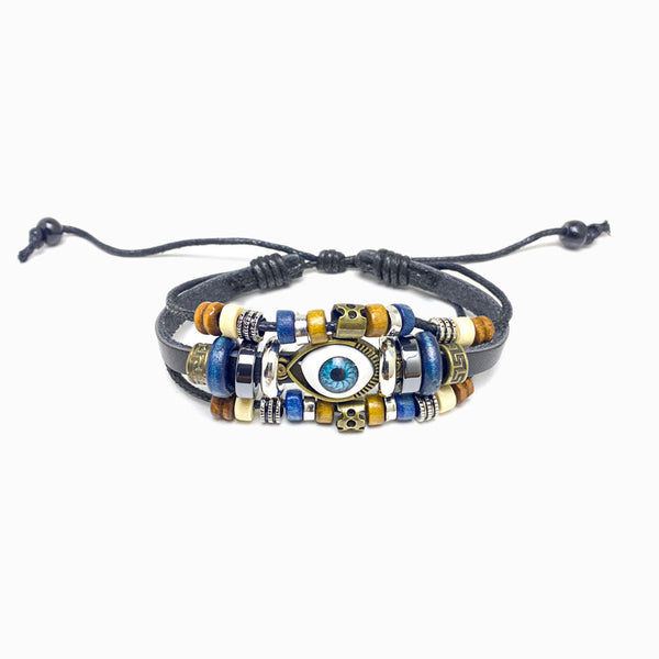 Pulseira de Pele Preta com Olho Turco