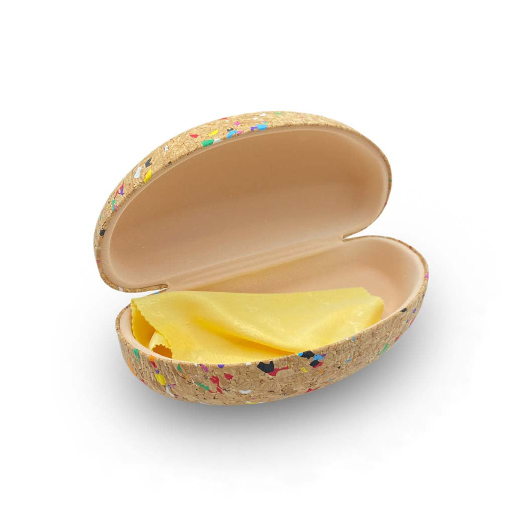 caixa para óculos em cortiça com pintinhas coloridas parte interior