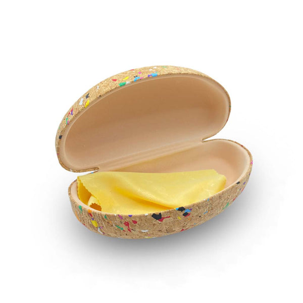 caixa para óculos em cortiça com pintinhas coloridas parte interior