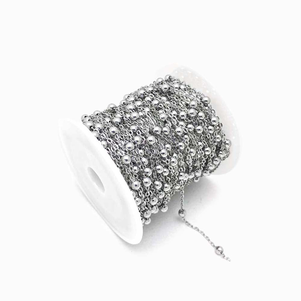 corrente elo oval com bolinha em aço inox prateado