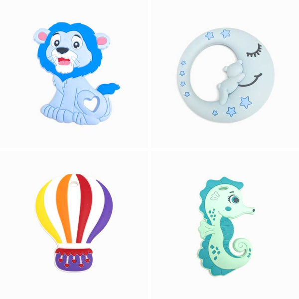 4 mordedores em forma de leão azul, lua azul, balão de ar quente roxo e cavalo-marinho verde água