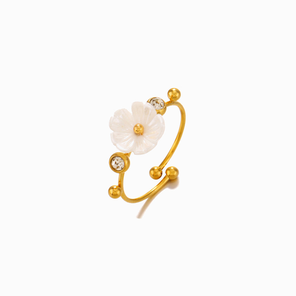 Anel Ajustável com Flor JZ1336 - Aço Inox com Madrepérola