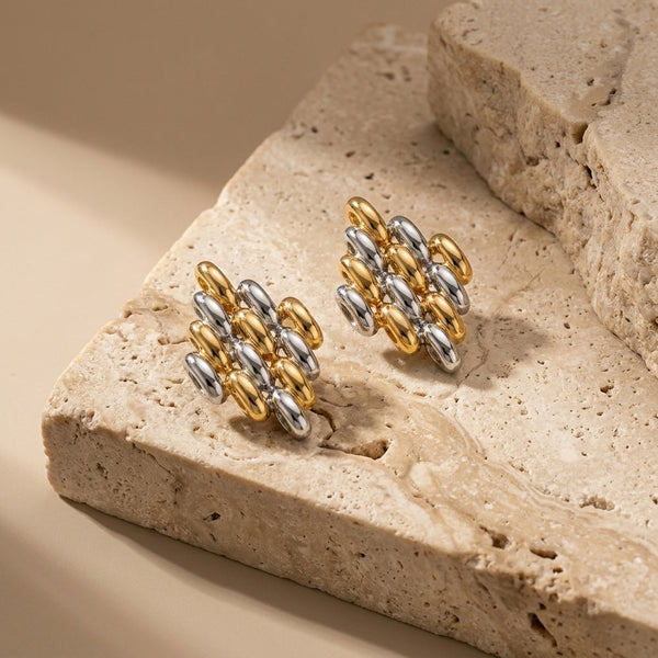 Brincos Geométricos Bicolor em Aço Inoxidável 38x23mm