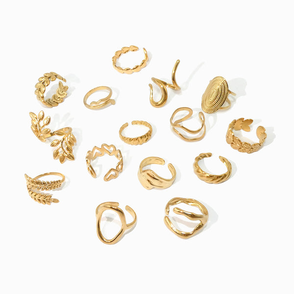 Conjunto de 5 Anéis Ajustáveis Mix para Mulher - Aço Inox Dourado