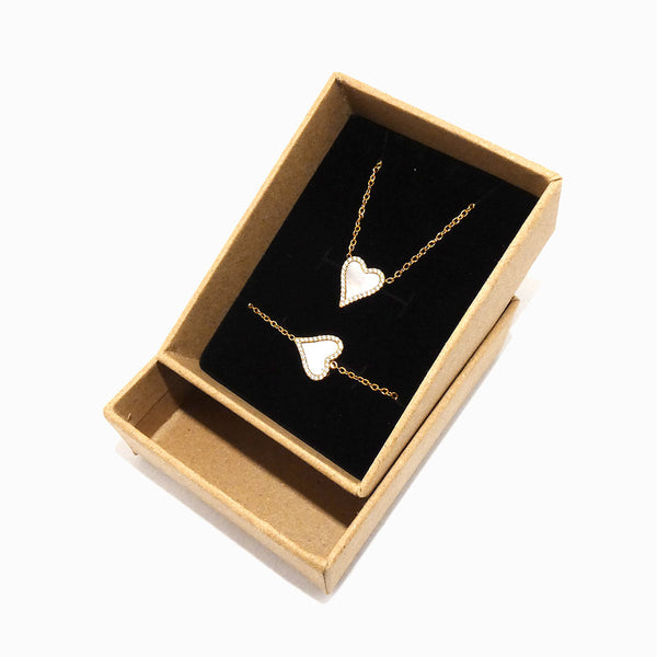 Conjunto 2pçs Colar & Pulseira Coração em Aço Inoxidável (Caixa Incluída)