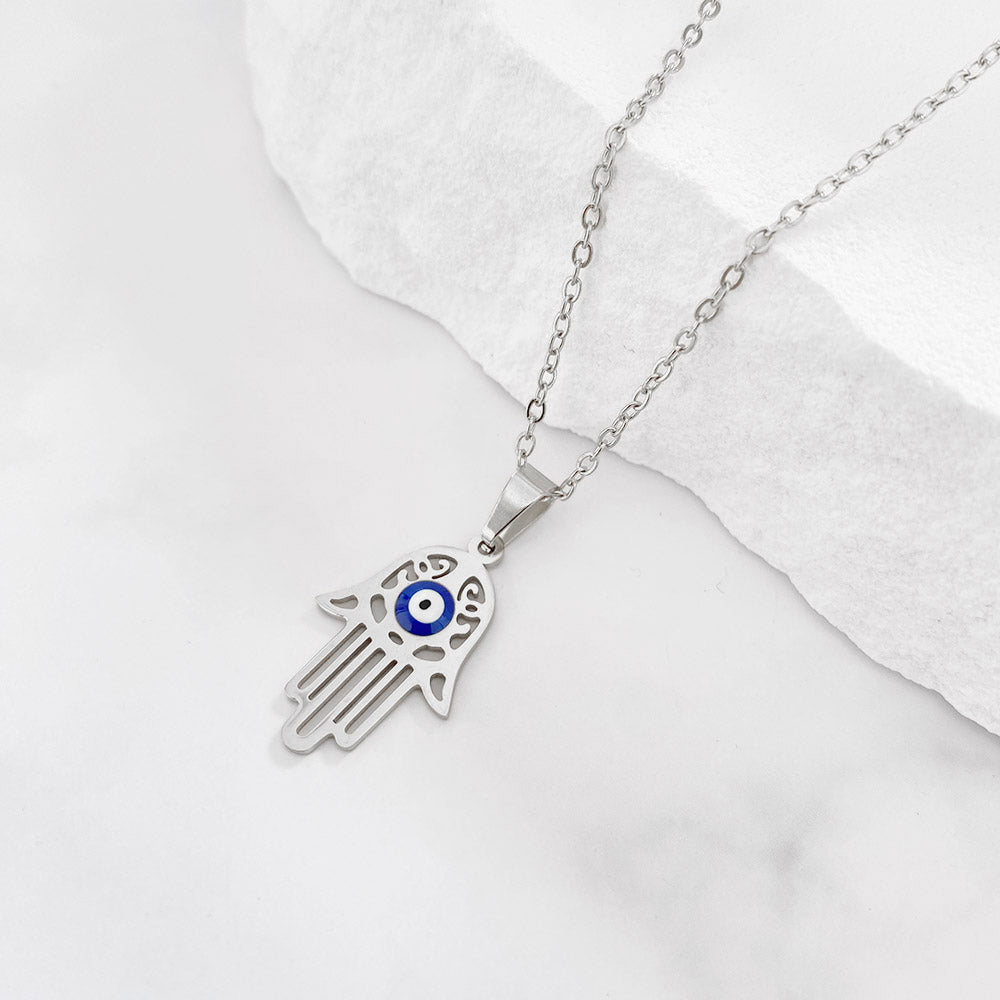 Colar Mão de Fátima com Olho Turco CL1079 - Aço Inox Prateado