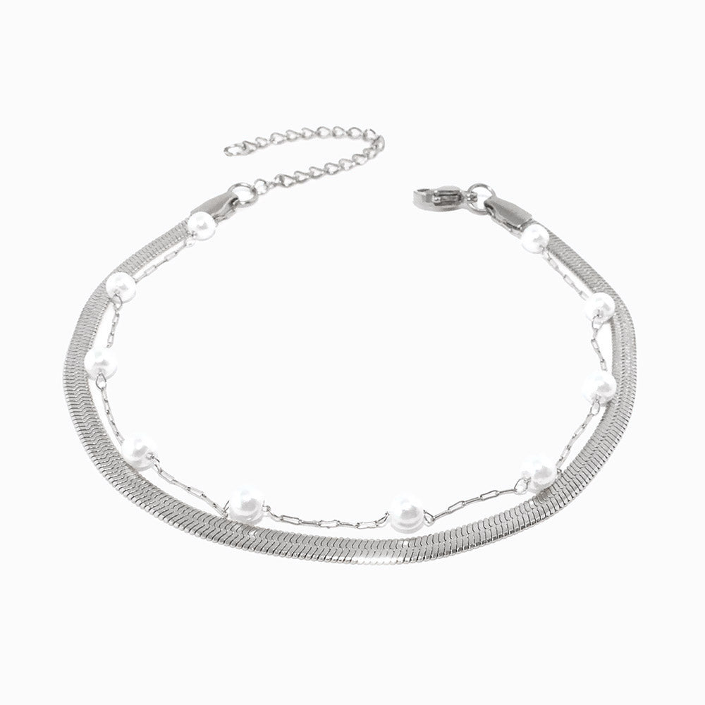 Pulseira de Pé Dupla 18+6cm SL2230 - Aço Inox Prateado