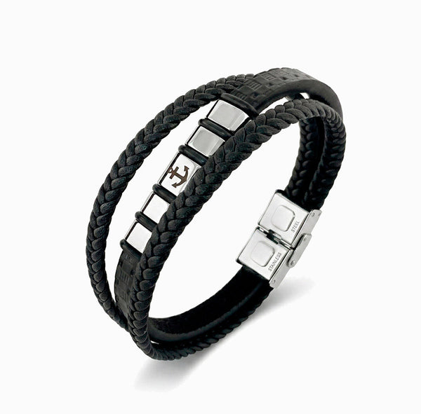 Pulseira Masculina SL5805 - Couro Sintético e Aço Inox