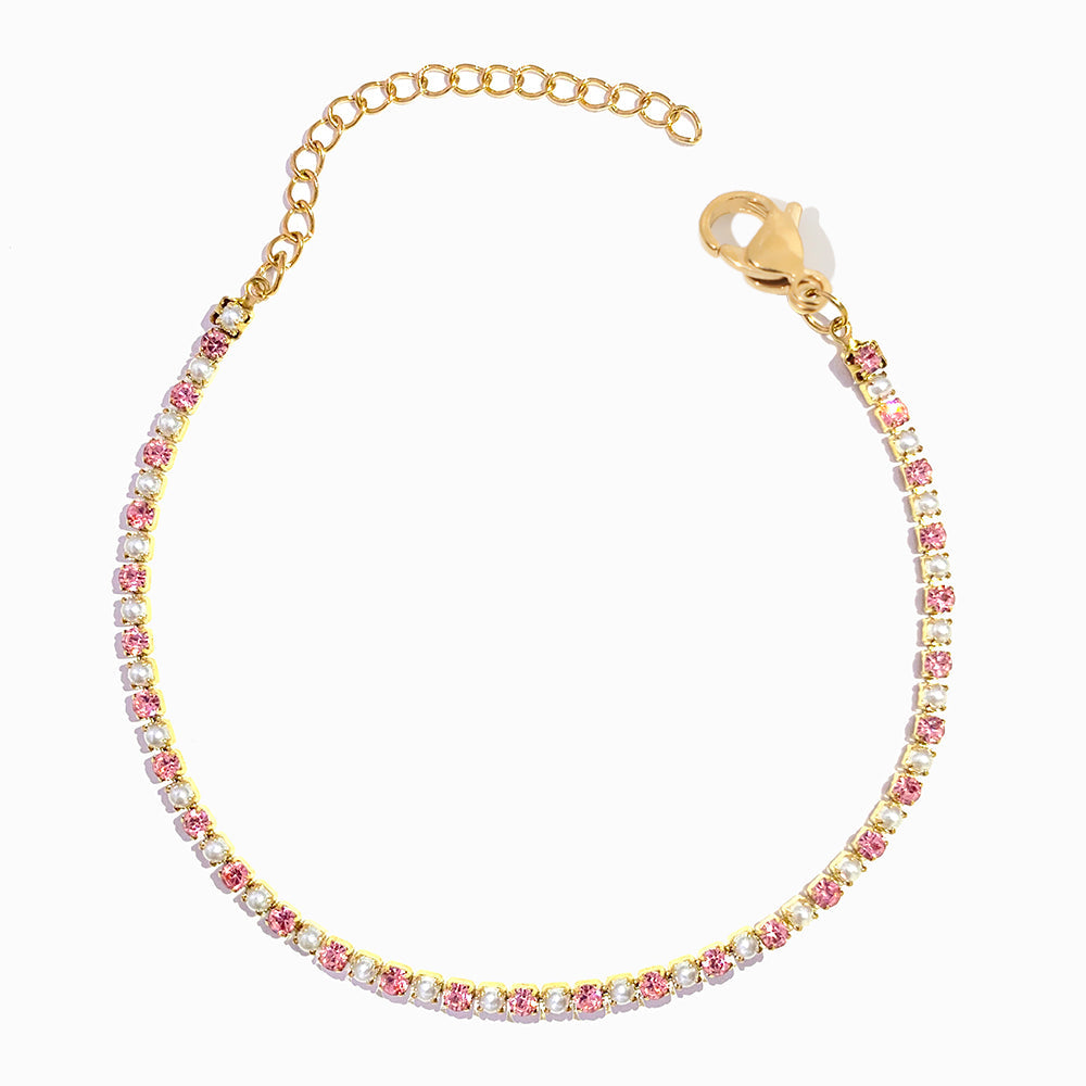 PULSEIRA COM BRILHANTES ROSAS E PÉROLAS
