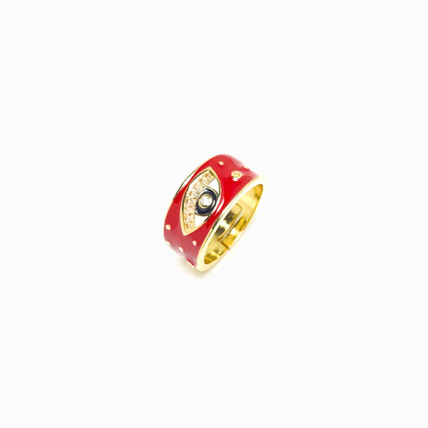 Anel Ajustável Olho Turco Vermelho - Latão Banhado a Ouro com Esmalte LX1020