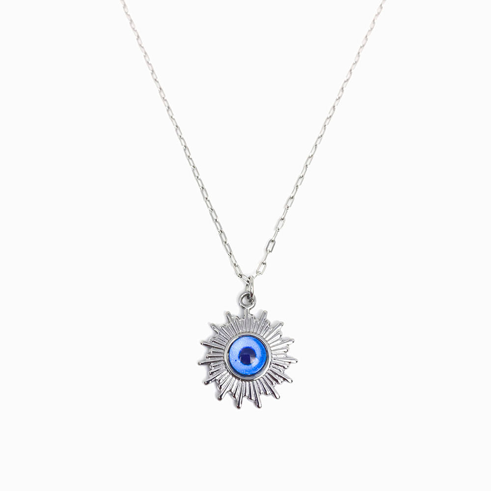 Colar aço inox prateado com pendente sol para mulher