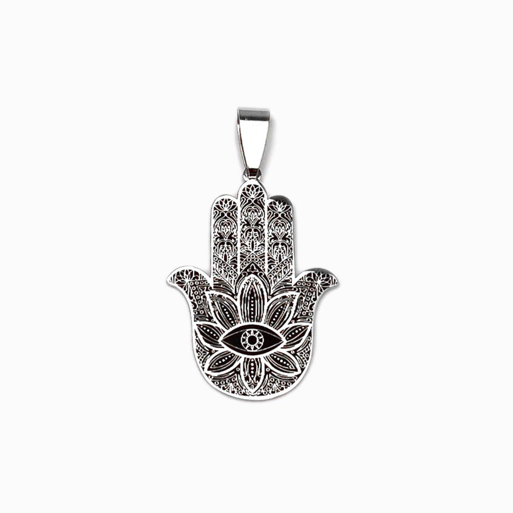 25x25mm Hand of Fatima Pendant with Turkish Eye - Gold and Silver Steel