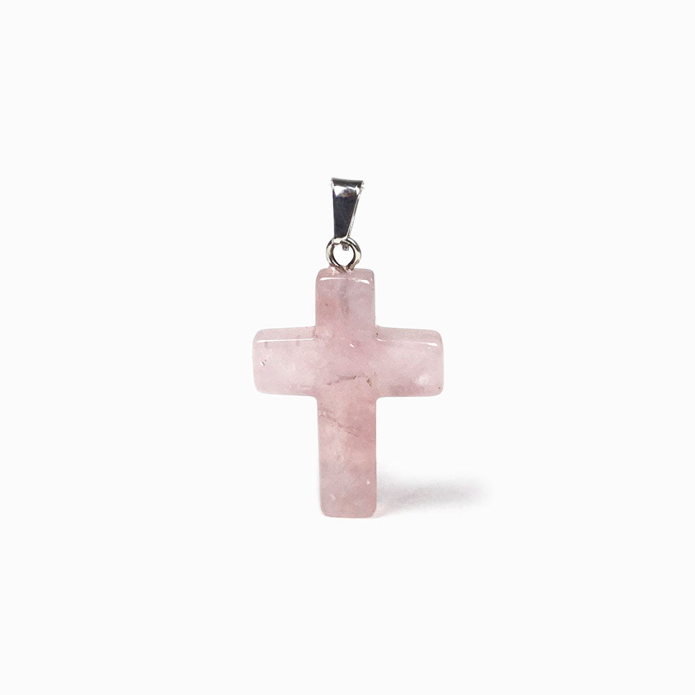 pendente cruz em pedra quartzo rosa